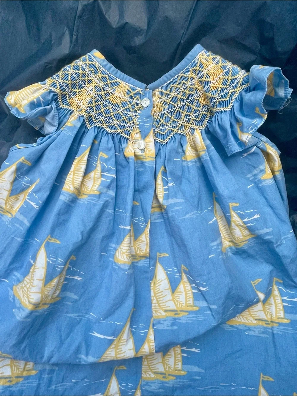 Claire & Charlie Smocked Sailboat Baby Dress Blue, Yellow 9 months